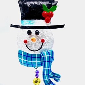 Hand Forged Recycled Metal Snow Hand Painted Snowman with Plaid Blue Scarf